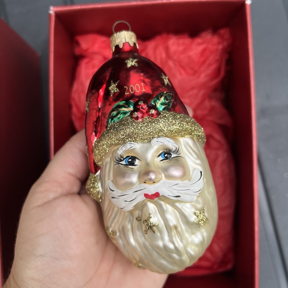 Santa Head Ornament Glass Stars On Hat Beard 2001 Vtg Christmas Decor Y2K Red